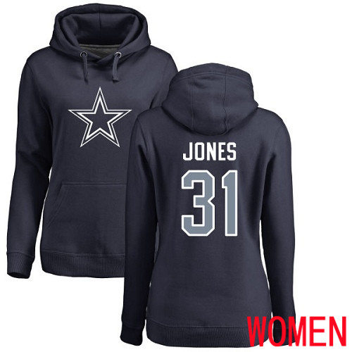 Women Dallas Cowboys Navy Blue Byron Jones Name and Number Logo 31 Pullover NFL Hoodie Sweatshirts